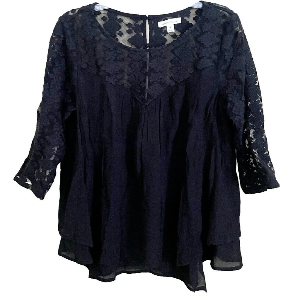John Paul Richard Womens Medium Black Lace Blouse Sheer Boho Tunic Top
